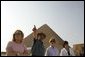 Dr. Zahi Hawass, secretary general of the Supreme Council of Antiquities, shows Liz Cheney, left, Laura Bush and Anita McBride, chief of staff for Mrs. Bush, right, the Giza Pyramids and a new excavation site in Giza, Egypt, Monday, May 23, 2005. White House photo by Krisanne Johnson