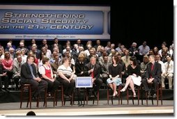 President George W. Bush leads a conversation about strengthening Social Security at Greece Athena Middle and High School in Greece, N.Y., Tuesday, May 24, 2005.  White House photo by Paul Morse