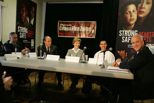 Laura Bush discusses strategies to reduce violence with Chicago's law enforcement personnel, residents, clergy, medical professionals and youth during her visit to the Chicago Project for Violence Prevention’s CeaseFire Chicago program in Chicago June 2, 2005. White House photo by Krisanne Johnson