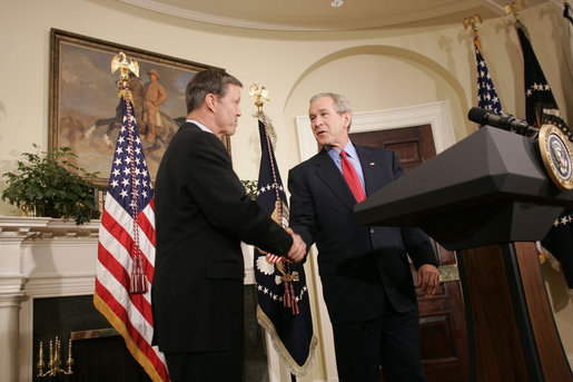 President George W. Bush shakes the hand of Christopher Cox (R-Calif.) after introducing him Thursday, June 2, 2005, as his nominee for Chairman of the Securities and Exchange Commission. White House photo by Paul Morse