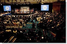 President George W. Bush addresses the Organization of American States General Assembly Monday, June 6, 2005, in Ft. Lauderdale, Fla. "The ties that bind the Americas are particularly vivid here in Florida," said the President, adding, "This state has benefited because immigrants from throughout the hemisphere have made their homes here."  White House photo by Eric Draper