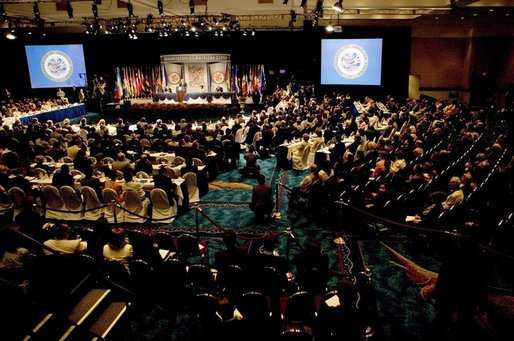 President George W. Bush addresses the Organization of American States General Assembly Monday, June 6, 2005, in Ft. Lauderdale, Fla. "The ties that bind the Americas are particularly vivid here in Florida," said the President, adding, "This state has benefited because immigrants from throughout the hemisphere have made their homes here." White House photo by Eric Draper