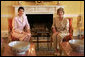 Laura Bush meets with Klara Dobrev, wife of Prime Minister of Hungary, in the Yellow Oval Room in the private residence of the White House Monday, June 6, 2005. White House photo by Paul Morse