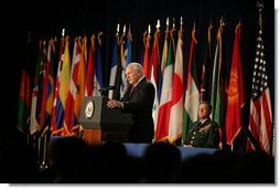 Vice President Dick Cheney speaks during the closing ceremonies of U.S. Special Operations Command's International Special Forces Week in Tampa, Fla., Friday, June 10, 2005. "I see regular evidence of your unparalleled skill, your ingenuity, and your daring. Every single day SOCOM confirms its reputation as a small command that produces big results for the United States of America," said Vice President Cheney.  White House photo by David Bohrer