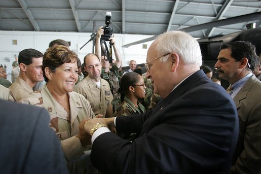 Vice President Dick Cheney shakes hands with members of the U.S. military during a visit to MacDill Air Force Base in Tampa, Fla., Friday, June 10, 2005. White House photo by David Bohrer