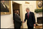 Meeting with the leaders from Mozambique, Botswana, Niger, Ghana and Namibia, President George W. Bush welcomes President Festus Mogae of Botswana to the Oval Office Monday, June 13, 2005. The leaders discussed a range of topics, including AGOA. "All the Presidents gathered here represent countries that have held democratic elections in the last year," said President Bush. "What a strong statement that these leaders have made about democracy and the importance of democracy on the continent of Africa." White House photo by Eric Draper