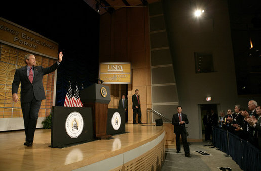 President George W. Bush waves to the audience after delivering remarks on energy to the 16th Annual Energy Efficiency Forum in Washington, D.C., Wednesday, June 15, 2005. White House photo by Eric Draper