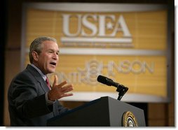 President George W. Bush delivers remarks on energy to the 16th Annual Energy Efficiency Forum in Washington, D.C., Wednesday, June 15, 2005. "By advancing the national dialogue on the future of energy, you're helping us support the cause of energy efficiency," said the President. "And that's critical for our economy and it's critical for the future of this nation." White House photo by Eric Draper