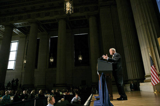 President George W. Bush delivers remarks at the National Hispanic Prayer Breakfast at the Andrew Mellon Auditorium in Washington, D.C., Thursday, June 16, 2005. "In America, people of faith have no corner on compassion, but people of faith need compassion to be true to the call to "Ame al projimo como a sí mismo," love your neighbor like you'd like to be loved yourself. That's a universal call," said the President. White House photo by Eric Draper