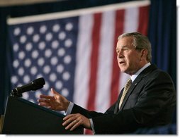 President George W. Bush discusses Medicare at the U.S. Department of Health and Human Services Thursday, June 16, 2005. "Medicare now covers preventive screenings that can catch illness from diabetes to heart disease," said the President. "Medicare is covering innovative programs to help seniors with chronic diseases like high blood pressure. I urge every senior to take advantage of these new benefits in Medicare." White House photo by Eric Draper