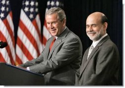 President George W. Bush speaks during the swearing-in ceremony for Dr. Ben Bernanke as the Chairman of the Council of Economic Advisors in the Dwight D. Eisenhower Executive Office Building Tuesday, June 21, 2005.  White House photo by Paul Morse