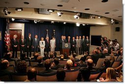 President George W. Bush delivers a statement about CAFTA in the Dwight D. Eisenhower Executive Office Building Thursday, June 23, 2005.  White House photo by Krisanne Johnson