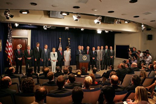 President George W. Bush delivers a statement about CAFTA in the Dwight D. Eisenhower Executive Office Building Thursday, June 23, 2005. White House photo by Krisanne Johnson