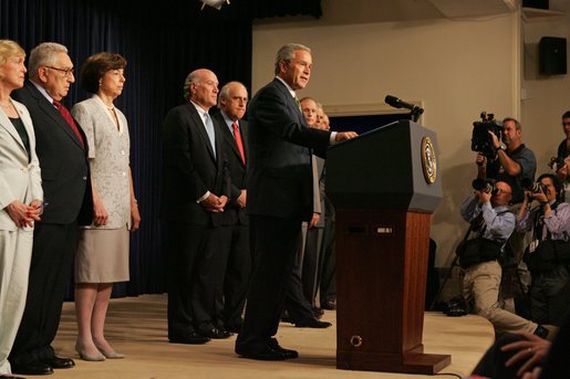 President George W. Bush delivers a statement about CAFTA in the Dwight D. Eisenhower Executive Office Building Thursday, June 23, 2005. "For the young democracies of Central America and the Dominican Republic, CAFTA would continue the current trade benefits," said President Bush. "That means good jobs and higher labor standards for their workers." White House photo by Krisanne Johnson