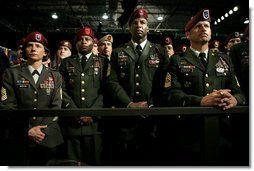 Soldiers wait to greet President George W. Bush after the President delivered remarks on the war on terror at Fort Bragg, North Carolina, Tuesday, June 28, 2005.  White House photo by Eric Draper