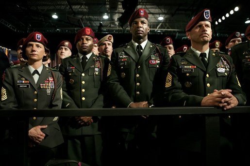 Soldiers wait to greet President George W. Bush after the President delivered remarks on the war on terror at Fort Bragg, North Carolina, Tuesday, June 28, 2005. White House photo by Eric Draper