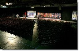 President George W. Bush delivers remarks on the war on terror to hundreds of troops in Fort Bragg, North Carolina, Tuesday, June 28, 2005.  White House photo by Eric Draper