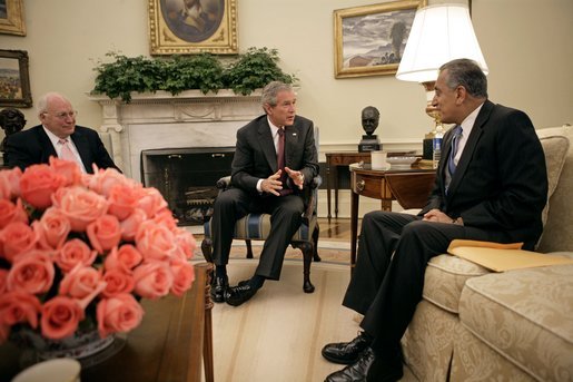 President George W. Bush and Vice President Dick Cheney meet with U.S. Ambassador to Iraq Zalmay Khalilzad in the Oval Office Monday, July 11, 2005. Ambassador Khalilzad was sworn in at the U.S. Embassy in Baghdad, Iraq, June 21, 2005. White House photo by Eric Draper