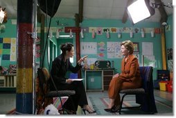 Laura Bush participates in an interview with Ann Curry of The Today Show in Cape Town, South Africa, Tuesday, July 12, 2005.  White House photo by Krisanne Johnson