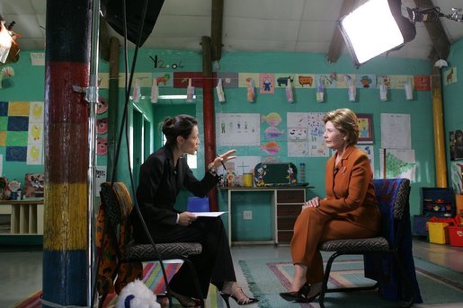 Laura Bush participates in an interview with Ann Curry of The Today Show in Cape Town, South Africa, Tuesday, July 12, 2005. White House photo by Krisanne Johnson