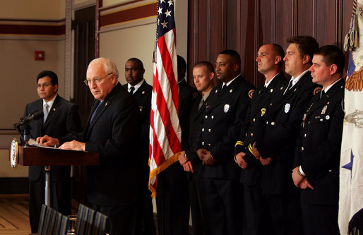 Vice President Dick Cheney and Attorney General Alberto Gonzales address recipients of the 2005 Public Safety Officer Medal of Valor Award and guests during a ceremony in the Dwight D. Eisenhower Executive Office Building Thursday, July 14, 2005. The Medal of Valor is awarded to public safety officers cited by the Attorney General for extraordinary courage above and beyond the call of duty. White House photo by David Bohrer