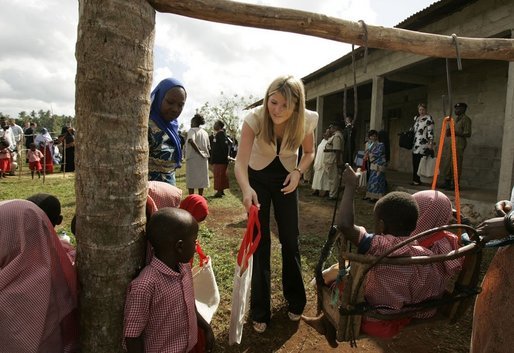 Jenna Bush talks with children during a visit Al Rahma Madrasa Pre-School in Zanzibar, Tanzania, Thursday July 14, 2005. White House photo by Krisanne Johnson