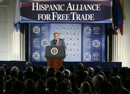 President George W. Bush addresses the Hispanic Alliance for Free Trade, Thursday, July 21, 2005, at the Organization of American States in Washington. President Bush thanked the group for their support of CAFTA. White House photo by Eric Draper