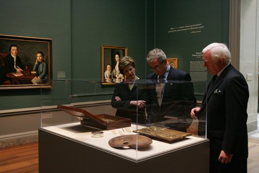 President and Mrs. Bush receive a tour of the Gilbert Stuart Exhibition at the National Gallery of Art, from gallery director Earl " Rusty" Powell III, Monday, July 25, 2005 in Washington. White House photo by Krisanne Johnson