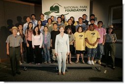 Laura Bush poses for a photo at the Junior Ranger swearing-in ceremony, July 27, 2005, at the Minnesota Science Museum in St. Paul, Minnesota.  White House photo by Krisanne Johnson