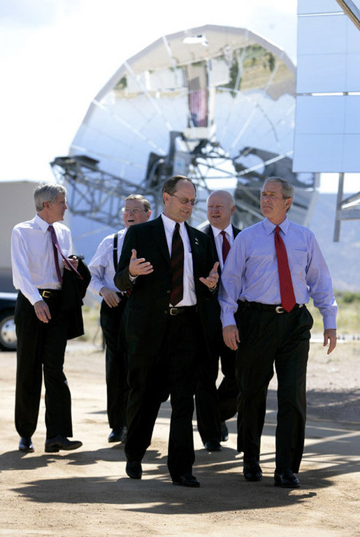 President George W. Bush tours the Sandia Solar Tower Complex lead by Sandia Lab Director Tom Hunter Monday, Aug. 8, 2005 in Albuquerque, New Mexico. Also pictured from left are, Senator Jeff Bingaman (D, NM), Senator Pete Domenici (R, NM) and Secretary of Energy Sam Bodman. White House photo by Eric Draper