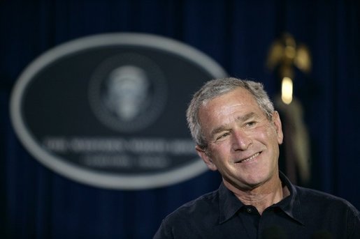 President George W. Bush addresses a news conference, Tuesday, Aug. 9, 2005 at the Bush Ranch in Crawford, Texas, following a meeting to discuss the strength of the U.S. economy. White House photo by Eric Draper