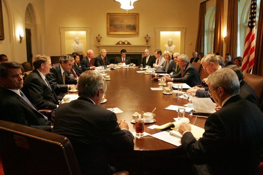 President George W. Bush speaks to members of the White House Task Force on Hurricane Katrina Recovery Wednesday, Aug. 31, 2005, shortly after returning to the White House from Crawford, Texas. The President took the opportunity aboard Air Force One to survey first-hand the devastation of the Gulf Coast. White House photo by Krisanne Johnson