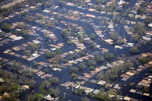 Flooding caused by Hurricane Katrina in the New Orleans area is visible from Air Force One Wednesday, Aug. 31, 2005, as President Bush was able to survey the ravages of the storm during his return from Crawford, Texas to Washington D.C. White House photo by Paul Morse