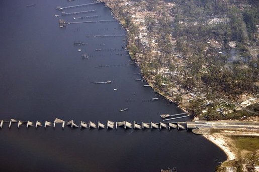 Structural bridge damage caused by Hurricane Katrina can be seen from aboard Air Force One Wednesday, Aug. 31, 2005, as President George W. Bush surveyed the area during his return flight to Washington D.C. from Crawford, Texas. White House photo by Paul Morse