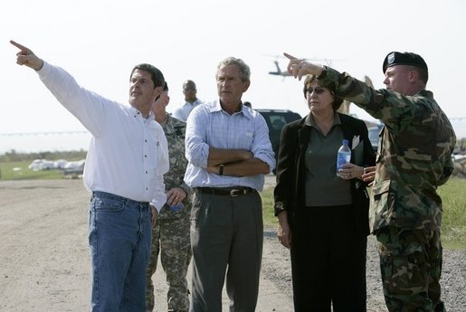 President George W. Bush tours damage in the Township of Metairie where Hurricane Katrina broke through the levee with, from left, Louisiana Senator David Vitter, Governor Kathleen Blanco and Army Corps of Engineers Col. Richard Wagenaar Friday, Sept. 2, 2005. White House photo by Eric Draper