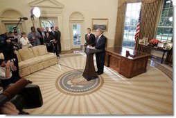 President George W. Bush announces from the Oval Office the nomination of Supreme Court justice nominee John Roberts as his nominee as Chief Justice on Monday morning September 5, 2005.  White House photo by Paul Morse