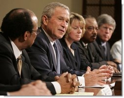 President George W. Bush meets with representatives from national voluntary and charitable organizations, Tuesday, Sept. 6, 2005, in the Roosevelt Room of the White House, to receive an update on the work being done by volunteers and charities in areas affected by Hurricane Katrina.  White House photo by Paul Morse