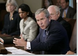 President George W. Bush addresses members of his cabinet, Tuesday, Sept. 6, 2005, in the Cabinet Room at the White House. Vice President Dick Cheney, Secretary of State Condoleezza Rice and Secretary of Interior Gale Norton, are seen in background.  White House photo by Eric Draper