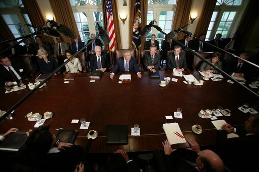 President George W. Bush is joined by members of his cabinet as he speaks with news reporters, Tuesday, Sept. 6, 2005, in the Cabinet Room at the White House. White House photo by Paul Morse