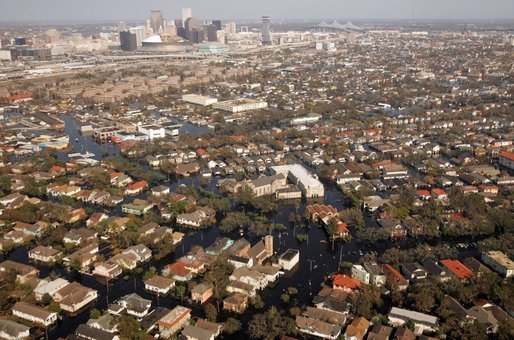 An aerial view shows the flood-ravaged areas of New Orleans, Louisiana Thursday, September 8, 2005. The damage was created by Hurricane Katrina, which hit both Louisiana and Mississippi on August 29th. White House photo by David Bohrer