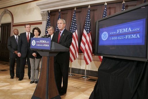 President George W. Bush outlines further assistance to victims of Hurricane Katrina, Thursday, Sept. 8, 2005 in the Eisenhower Executive Office Building in Washington. President Bush is joined, from left to right, by U.S. Secretary of Housing & Urban Development, Alphonso Jackson; U.S. Secretary of Health & Human Services, Michael Leavitt; U.S. Secretary of Labor, Elaine Chao; and U.S. Secretary of Agriculture, Mike Johanns. White House photo by Paul Morse