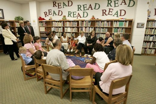 Laura Bush meets Thursday, Sept. 8, 2005 with families from New Orleans, displaced last week as a result of Hurricane Katrina, at the Greenbrook Elementary School in DeSoto County, Miss. Greenbrook Elementary School has enrolled the most displaced students among the DeSoto County schools in Mississippi. White House photo by Krisanne Johnson