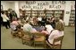 Laura Bush meets Thursday, Sept. 8, 2005 with families from New Orleans, displaced last week as a result of Hurricane Katrina, at the Greenbrook Elementary School in DeSoto County, Miss. Greenbrook Elementary School has enrolled the most displaced students among the DeSoto County schools in Mississippi. White House photo by Krisanne Johnson