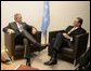 President George W. Bush meets with Jan Eliasson of Sweden, President of the U.N. General Assembly, Tuesday, Sept. 13, 2005, at the United Nations in New York. White House photo by Eric Draper