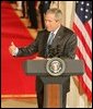 President George W. Bush speaks during an availability Tuesday, Sept. 13, 2005, with Iraq's President Jalal Talabani. Said the President, "It's an honor to welcome the first democratically elected President of Iraq to the White House." White House photo by Shealah Craighead