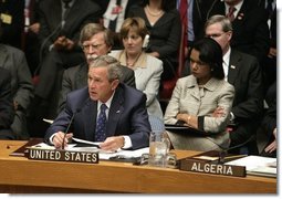 President George W. Bush speaks during the Security Council Summit at the United Nations in New York Wednesday, Sept. 14, 2005.  White House photo by Eric Draper