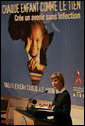 Laura Bush addresses the Organization of African First Ladies Against HIV/AIDS in New York Thursday, Sept. 15, 2005. "I want you to know how encouraged I am by your strategy to reach out to adults, to appeal to the conscience of adults, to make sure they can protect children, and that everyone is united, all adults worldwide, united to protect children from HIV/AIDS, and from any other risky behavior that we want children to avoid," said Mrs. Bush in her remarks. White House photo by Krisanne Johnson