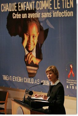 Laura Bush addresses the Organization of African First Ladies Against HIV/AIDS in New York Thursday, Sept. 15, 2005. "I want you to know how encouraged I am by your strategy to reach out to adults, to appeal to the conscience of adults, to make sure they can protect children, and that everyone is united, all adults worldwide, united to protect children from HIV/AIDS, and from any other risky behavior that we want children to avoid," said Mrs. Bush in her remarks. White House photo by Krisanne Johnson