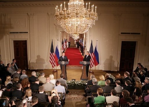 President George W. Bush and Russian President Vladimir Putin appear together at a joint news conference in the East Room of the White House, Friday, Sept. 16, 2005 in Washington. White House photo by Eric Draper