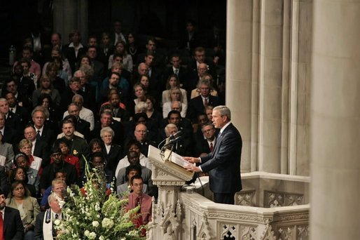 President George W. Bush speaks during the National Day of Prayer and Remembrance Service at the Washington National Cathedral in Washington, D.C., Friday, Sept. 16, 2005. White House photo by Krisanne Johnson